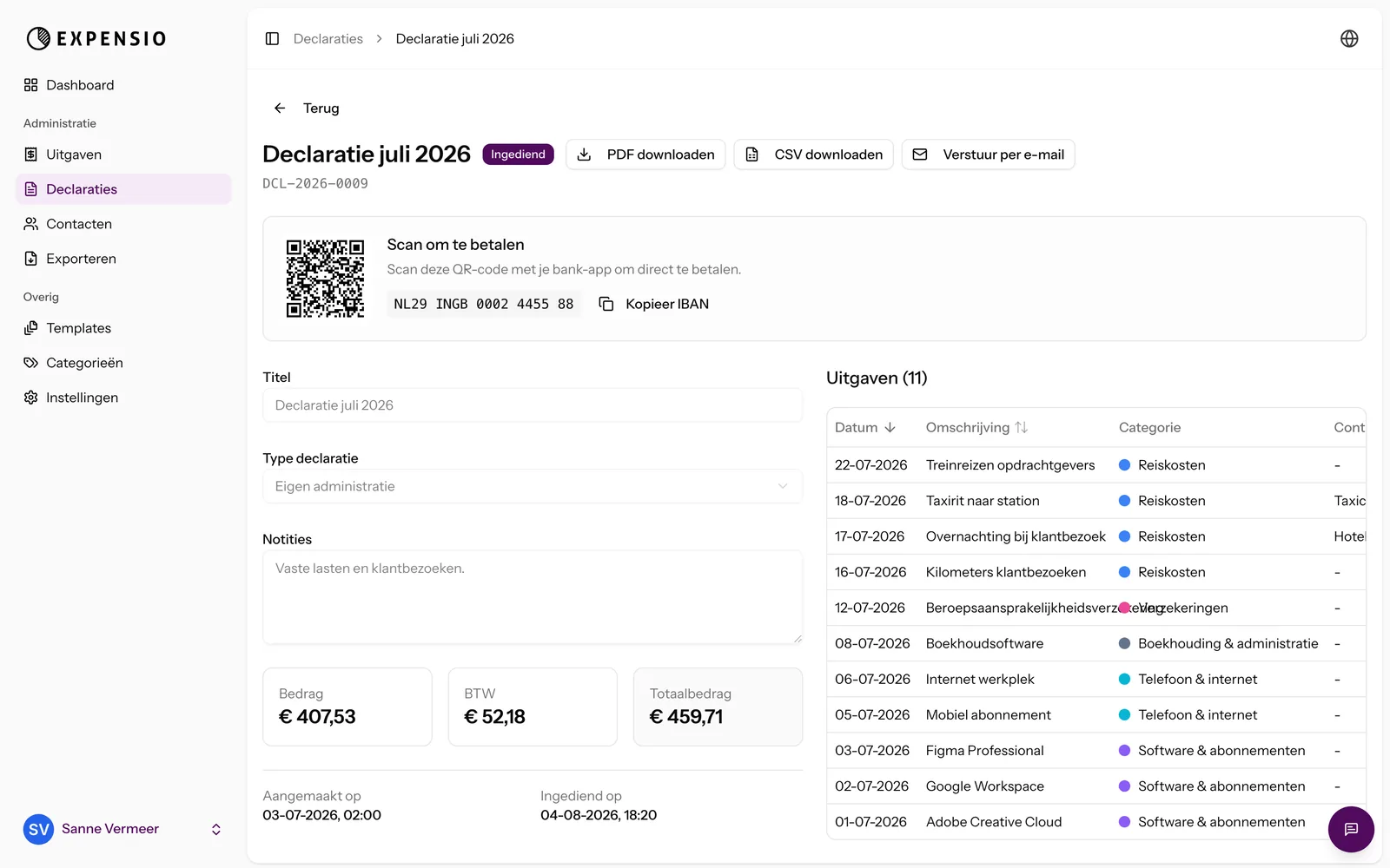 Een ingediende declaratie in Expensio, met een QR-code om te betalen en de lijst uitgaven ernaast.