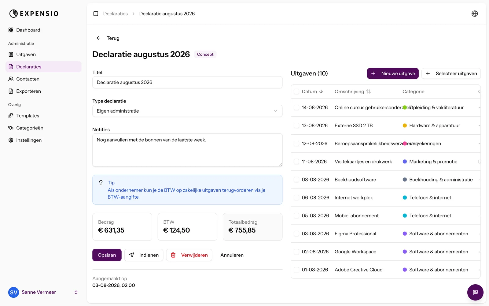 Een conceptdeclaratie in Expensio met tien uitgaven en de knop Indienen.