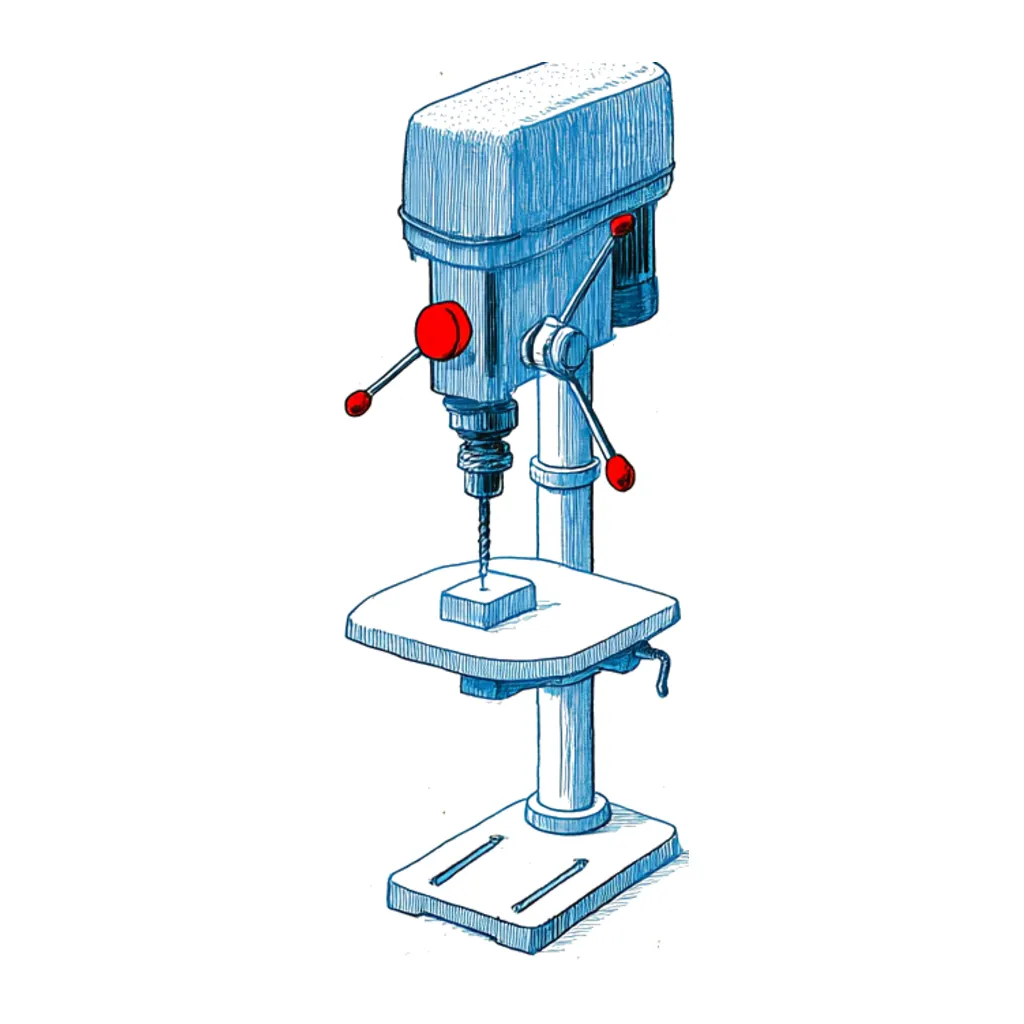 A bench drill press with a small block of wood on the table and red handles on the head.