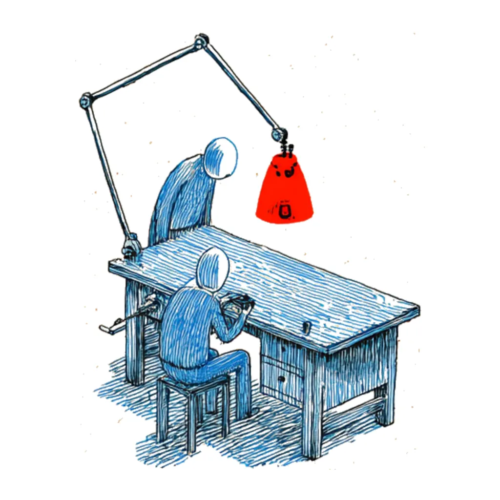 Two figures at a workbench under a red workshop lamp; one works, the other looks on.