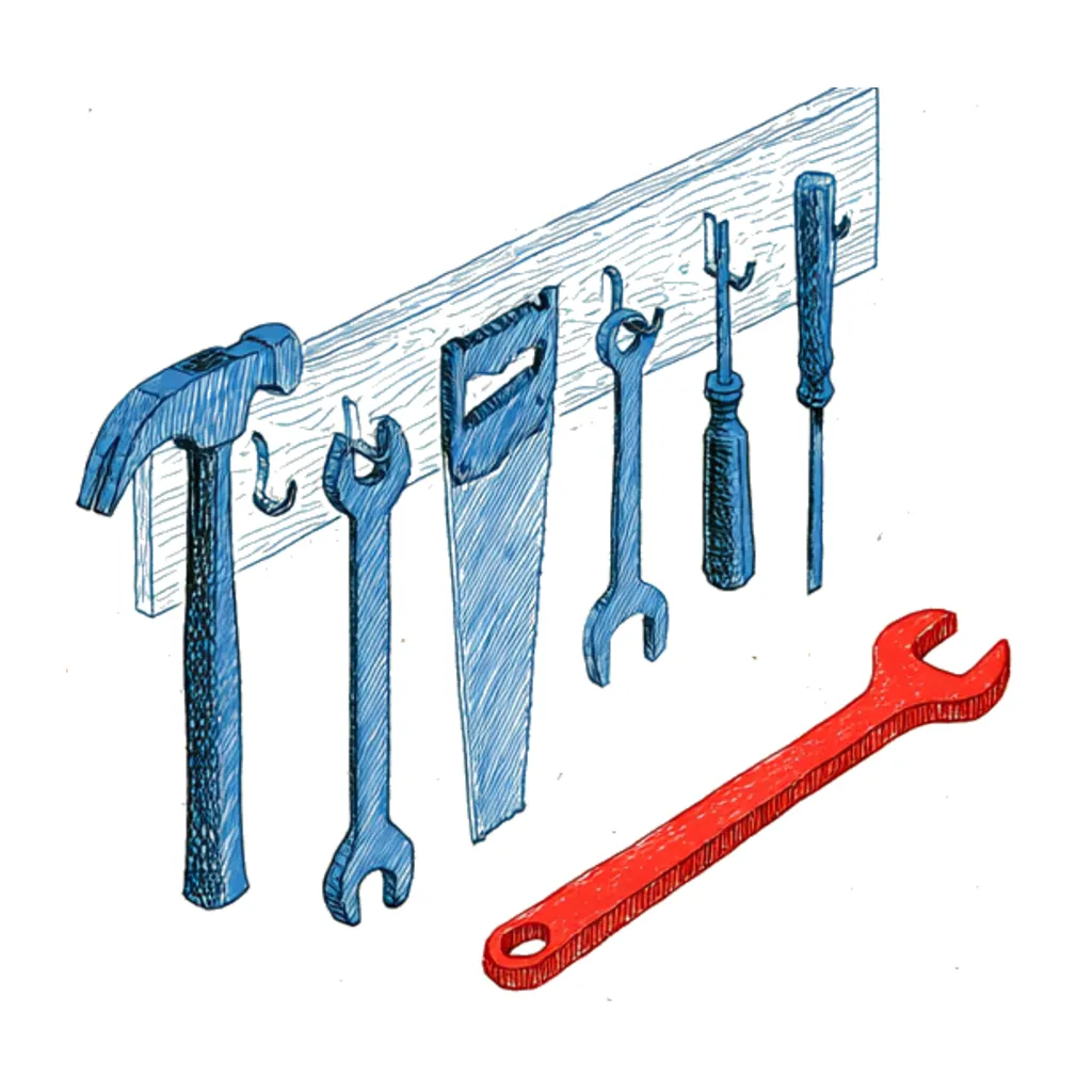 A tool wall with hammer, saw, wrenches, screwdriver and chisel; one open-end wrench is red.