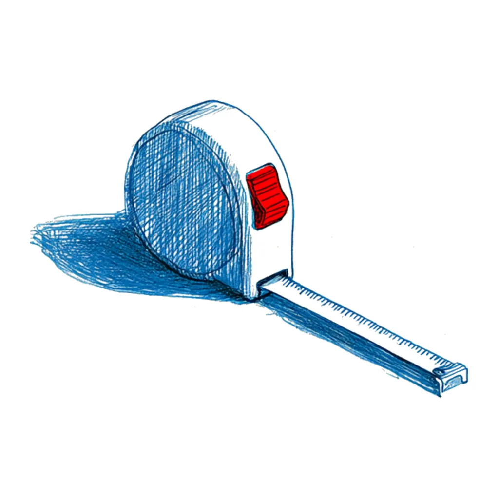 A tape measure with the tape pulled out a little and a red lock button.