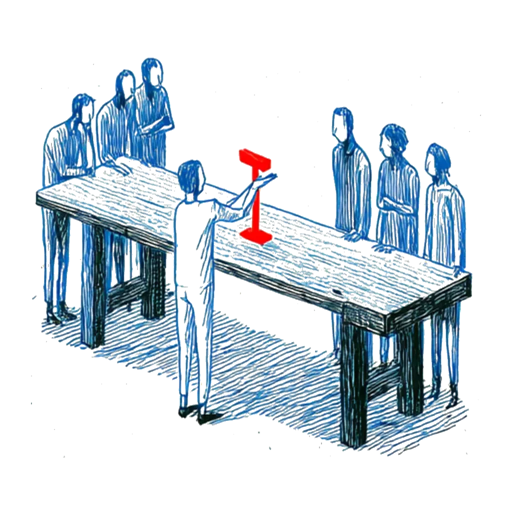A group around a workbench; one of them holds up a small red workpiece and shows it to the others.