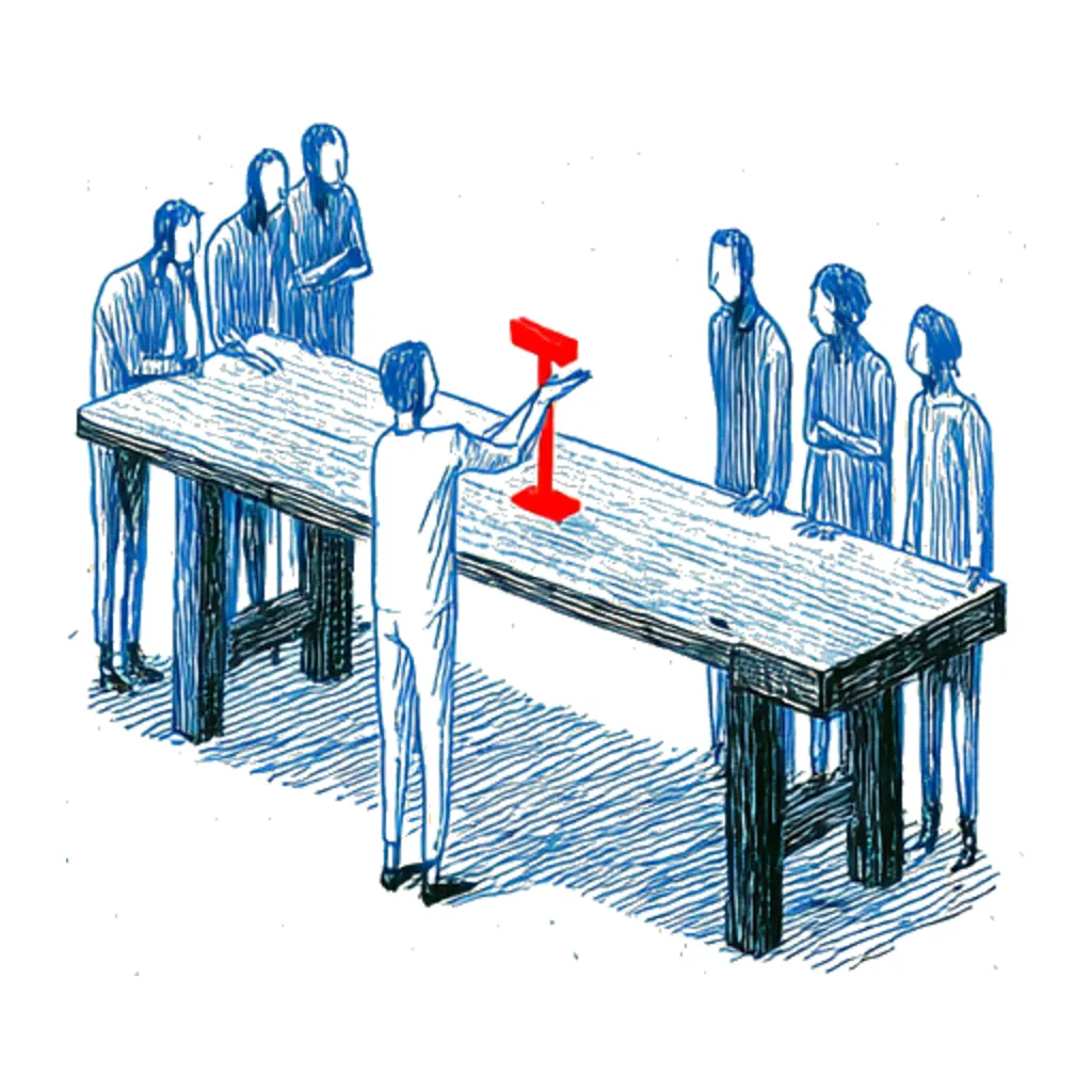 A group around a workbench; one of them holds up a small red workpiece and shows it to the others.