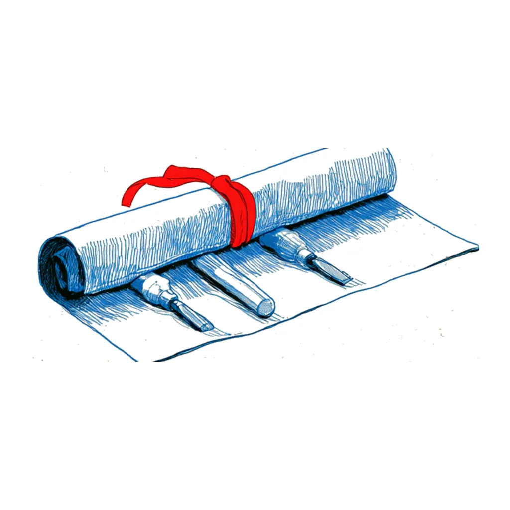 A half-unrolled tool roll with three chisels in it and a red tie ribbon.