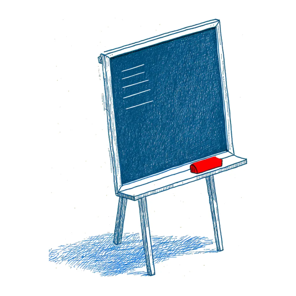 A chalkboard on an easel with four short dashes as a list and a red piece of chalk on the ledge.